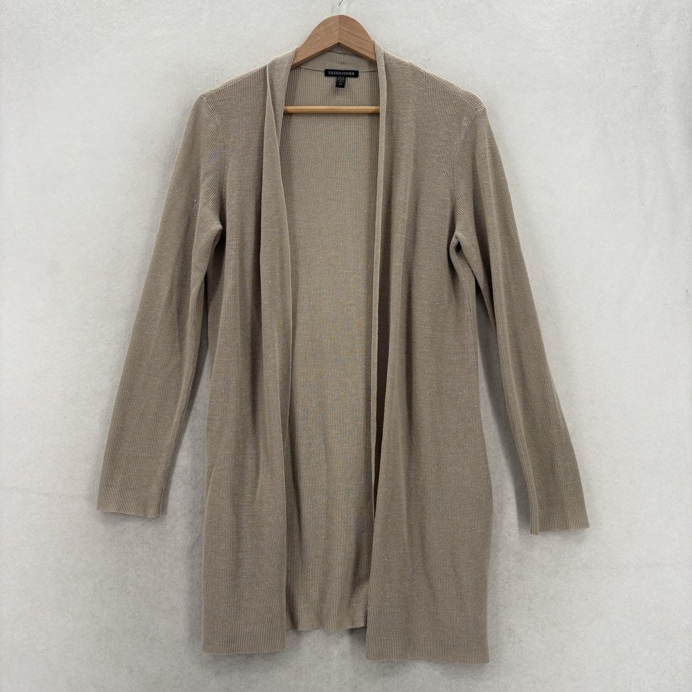 Eileen Fisher Cardigan Sweater Womens Small Beige Linen Cotton Open Front Knit